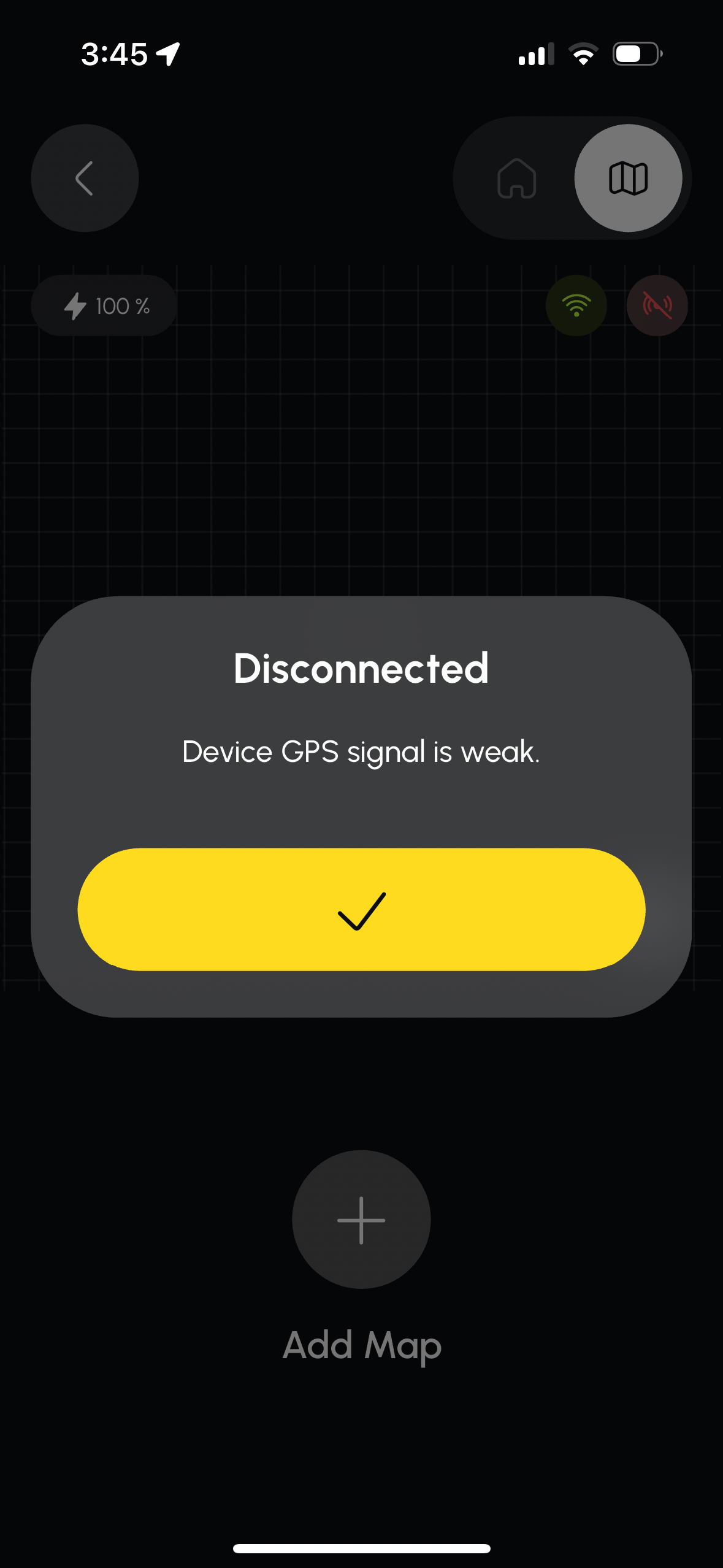 Yarbo app showing 'Disconnected - Device GPS signal is weak' error