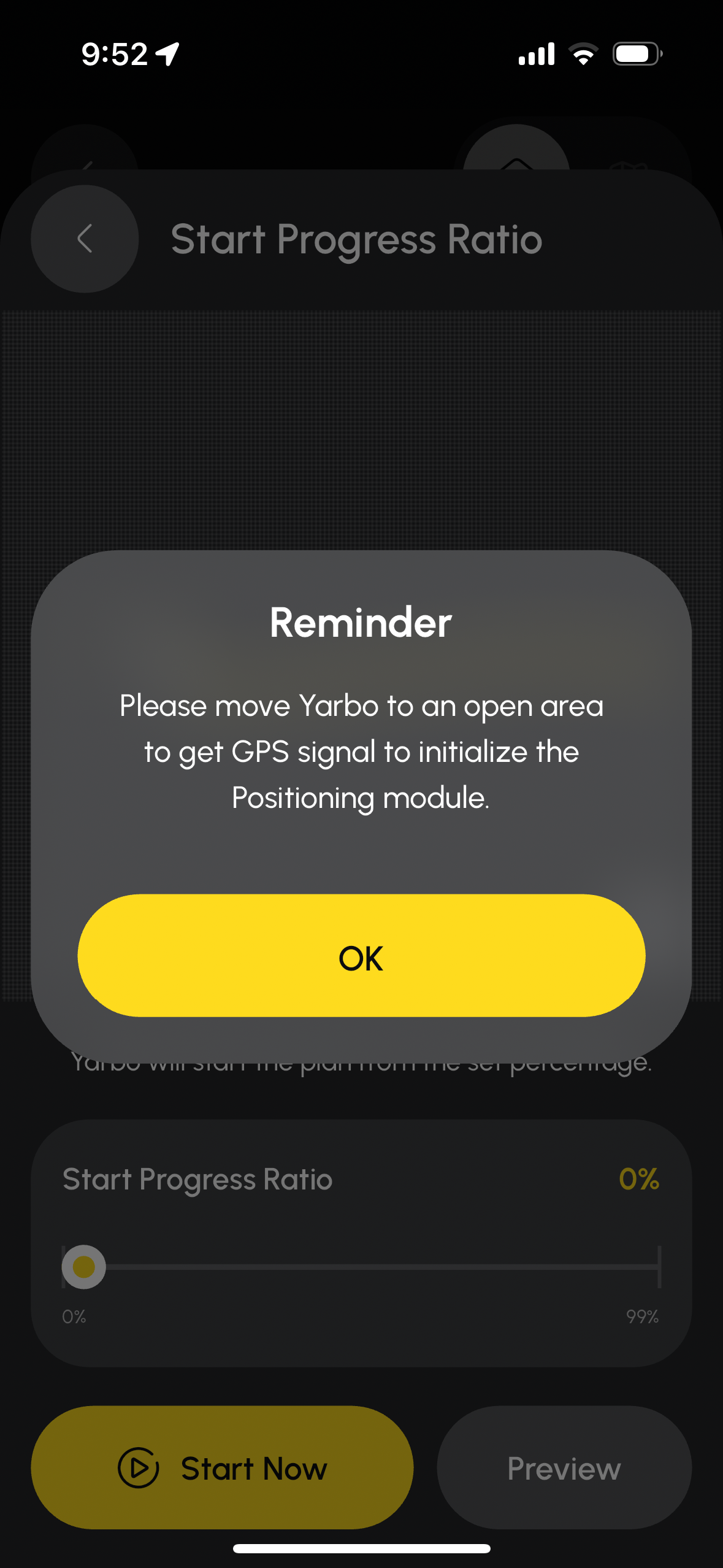 Yarbo app reminder telling user to move Yarbo to an open area for GPS