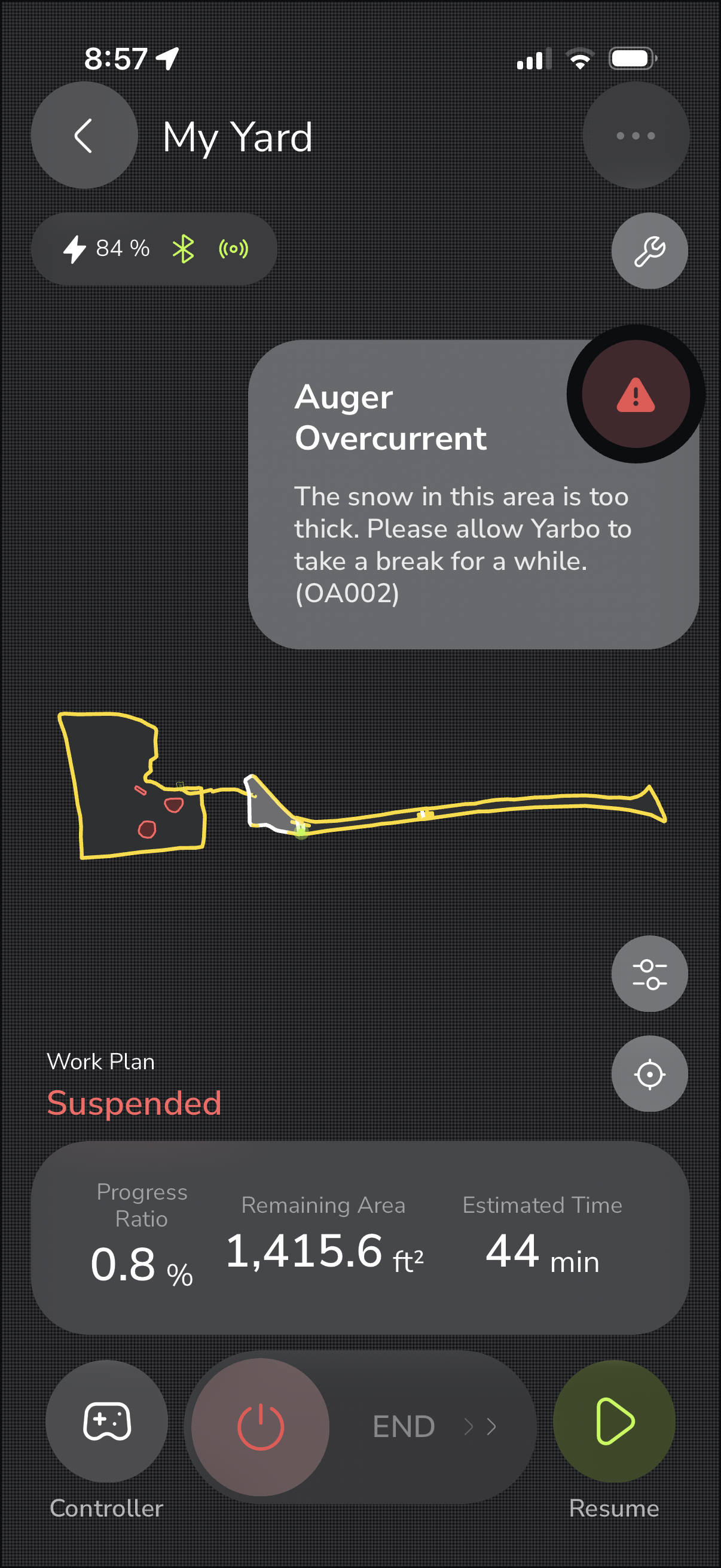 Yarbo app showing Auger Overcurrent error OA002 with work plan suspended
