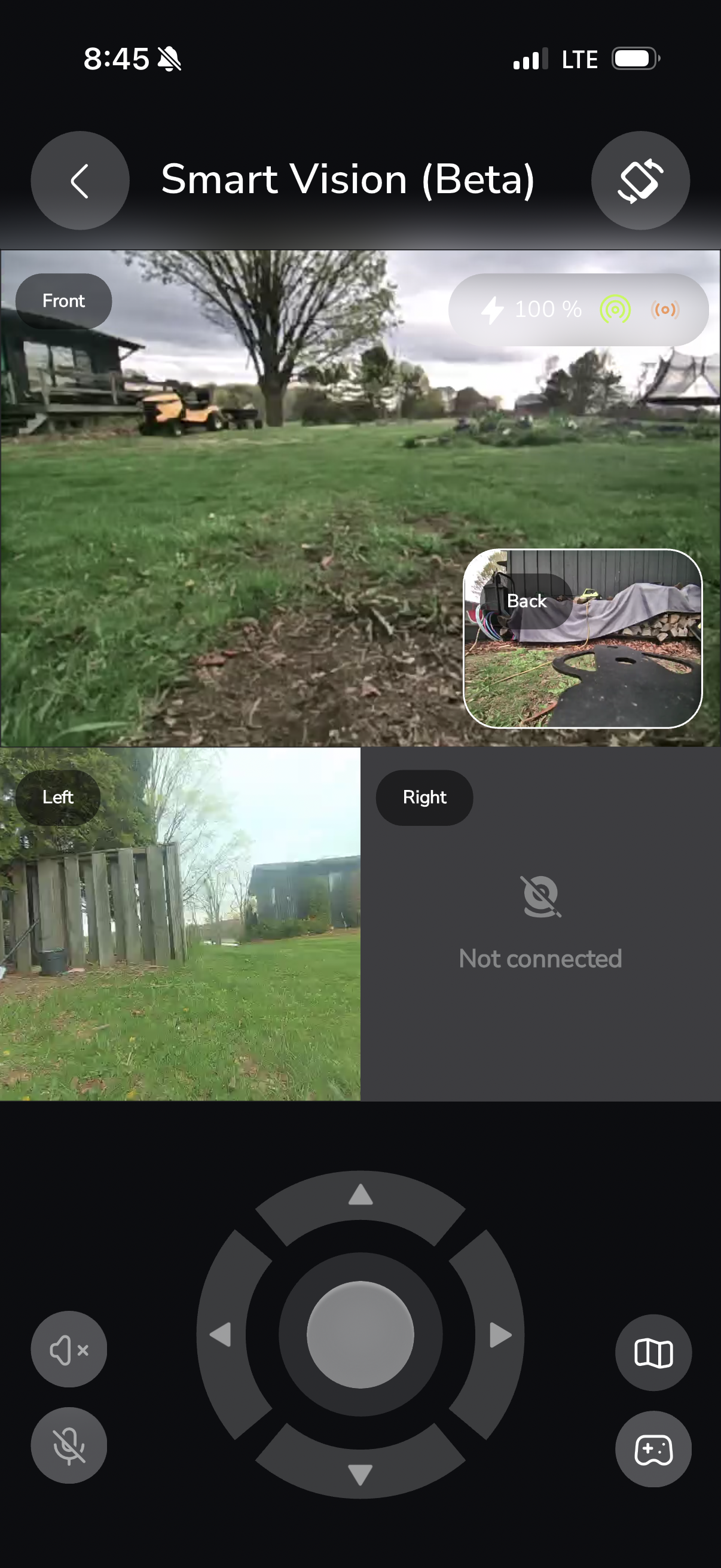 Yarbo Smart Vision page showing right camera not connected